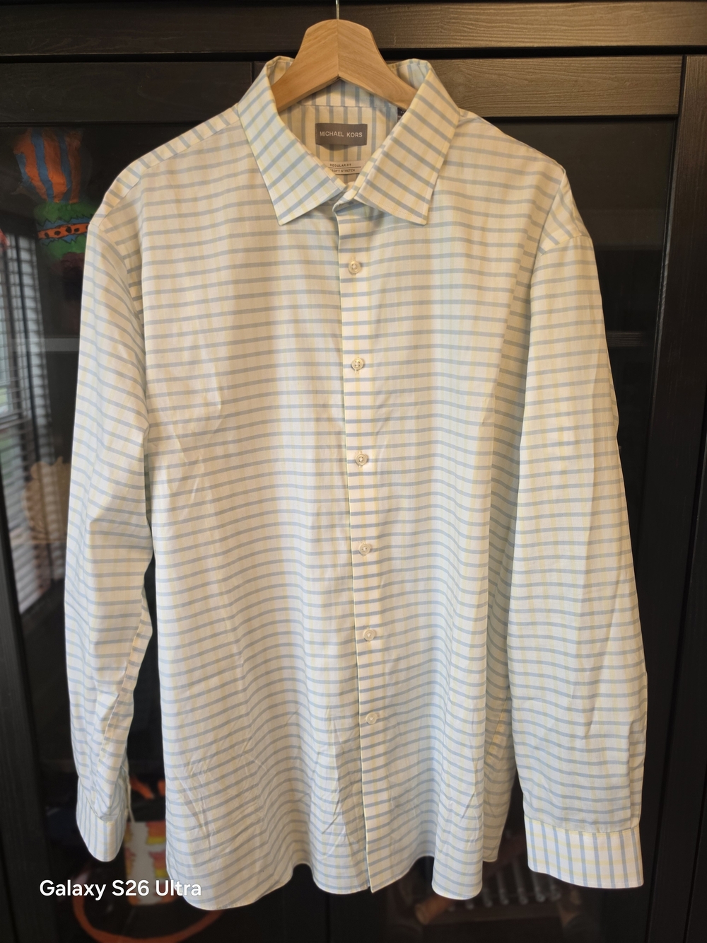 Michael Kors Men’s White Dress Shirt with Light Blue Stripes